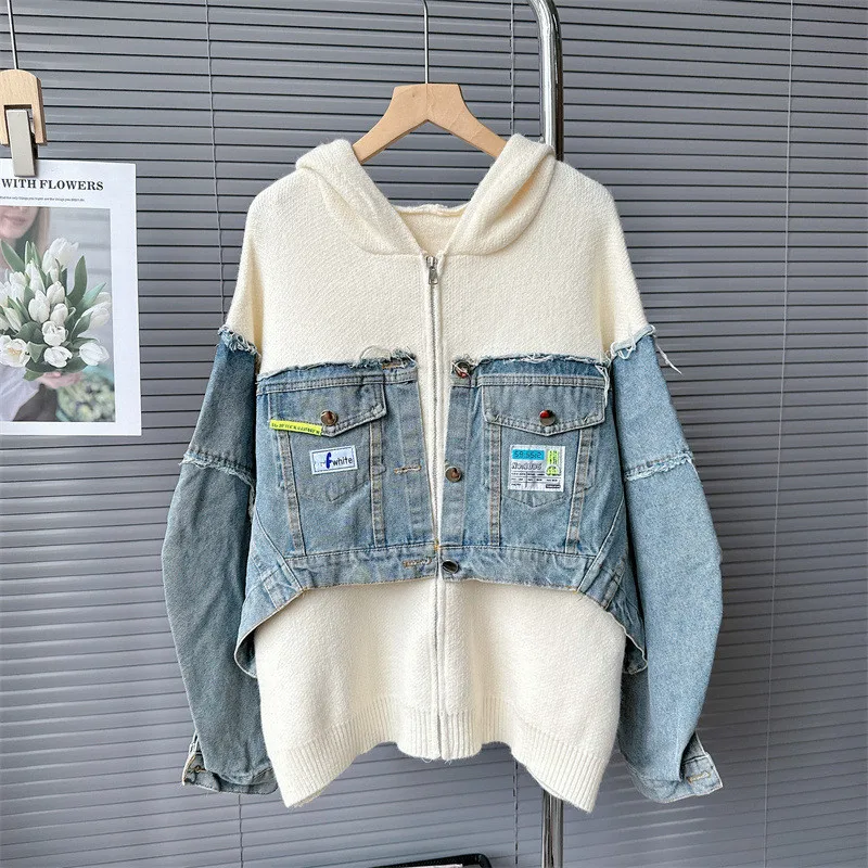 Denim Spliced Sweater Jacket Women Cardigan Hoodies Pocket Zipper Fashion Autumn Winter Casual Knitted Sweaters Coat Female