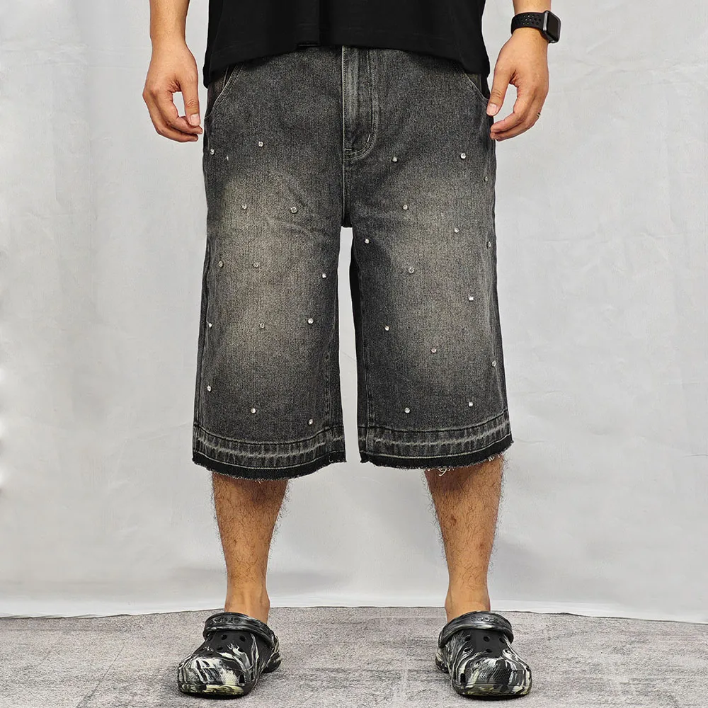 PEERAGE Y2k Retro Rhinestone Washed Wide Leg Baggy Long Jorts Men Streetwear Oversized Frayed Black Grey Loose Denim Jean Shorts