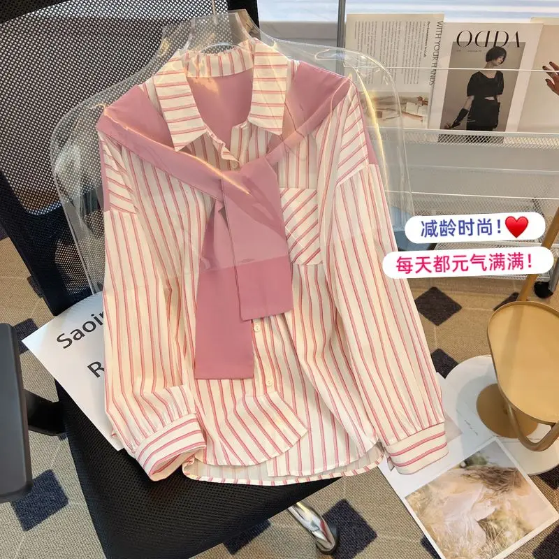

Fake Two Shawl Women's Long Sleeve Shirt Women's Spring Clothes Women's Loose Thin Shirt Striped Top Women Shirt JJ509