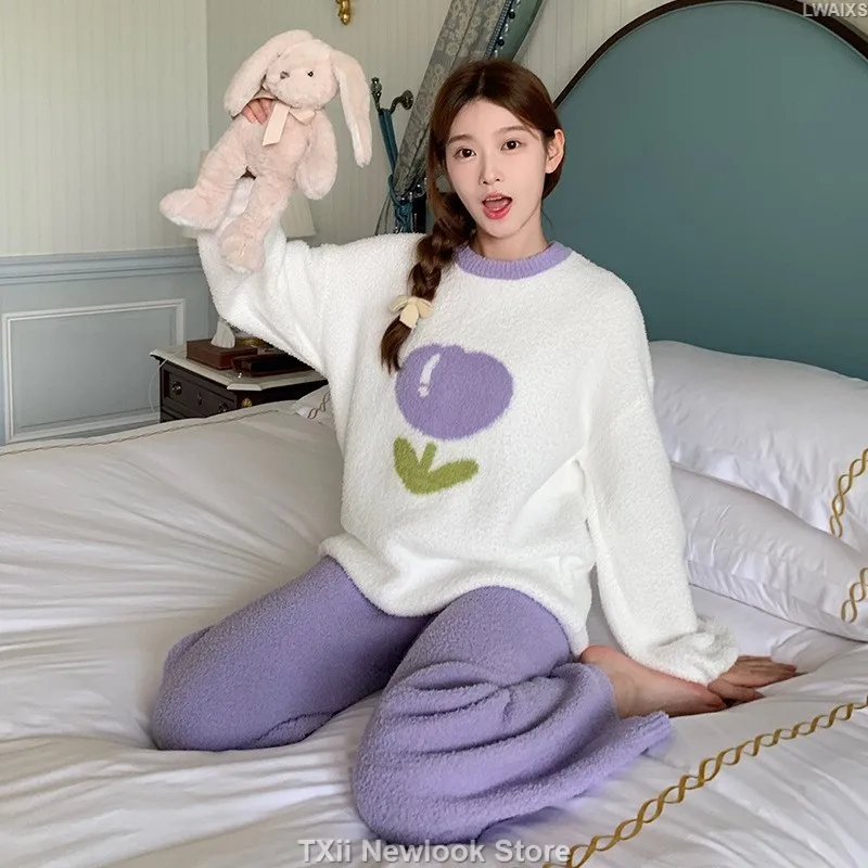 TXii Newlook Soft Pajamas Women's Two-Piece Suit Autumn and Winter Hand-Painted Cartoon Flower Outer Wool Knitted Home Clothes