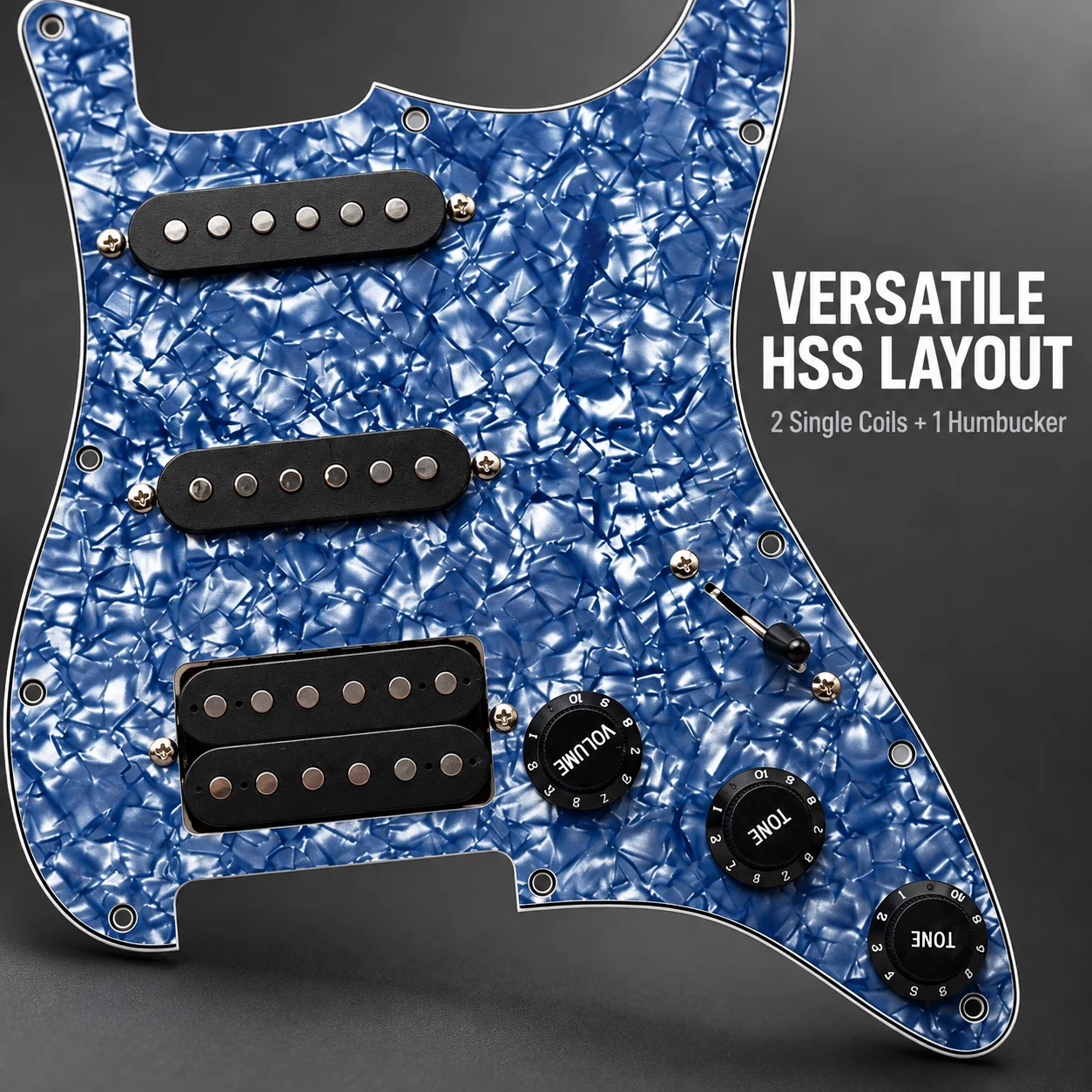 Blue Pearl HSS Prewired Pickguard for ST/SQ Style Electric Guitar, 2 Single-Coil Pickups and Bridge Humbucker, 5-Way Switch