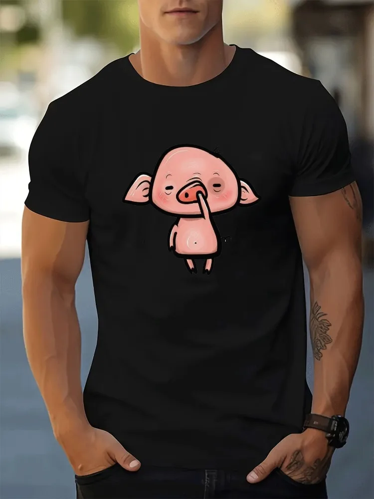 Bright Red Mens Cotton Crew Neck Tshirt Humorous Blush Pink Pig Cartoon Art Loose Summer Teen Daily Street Short Sleeve Outfit