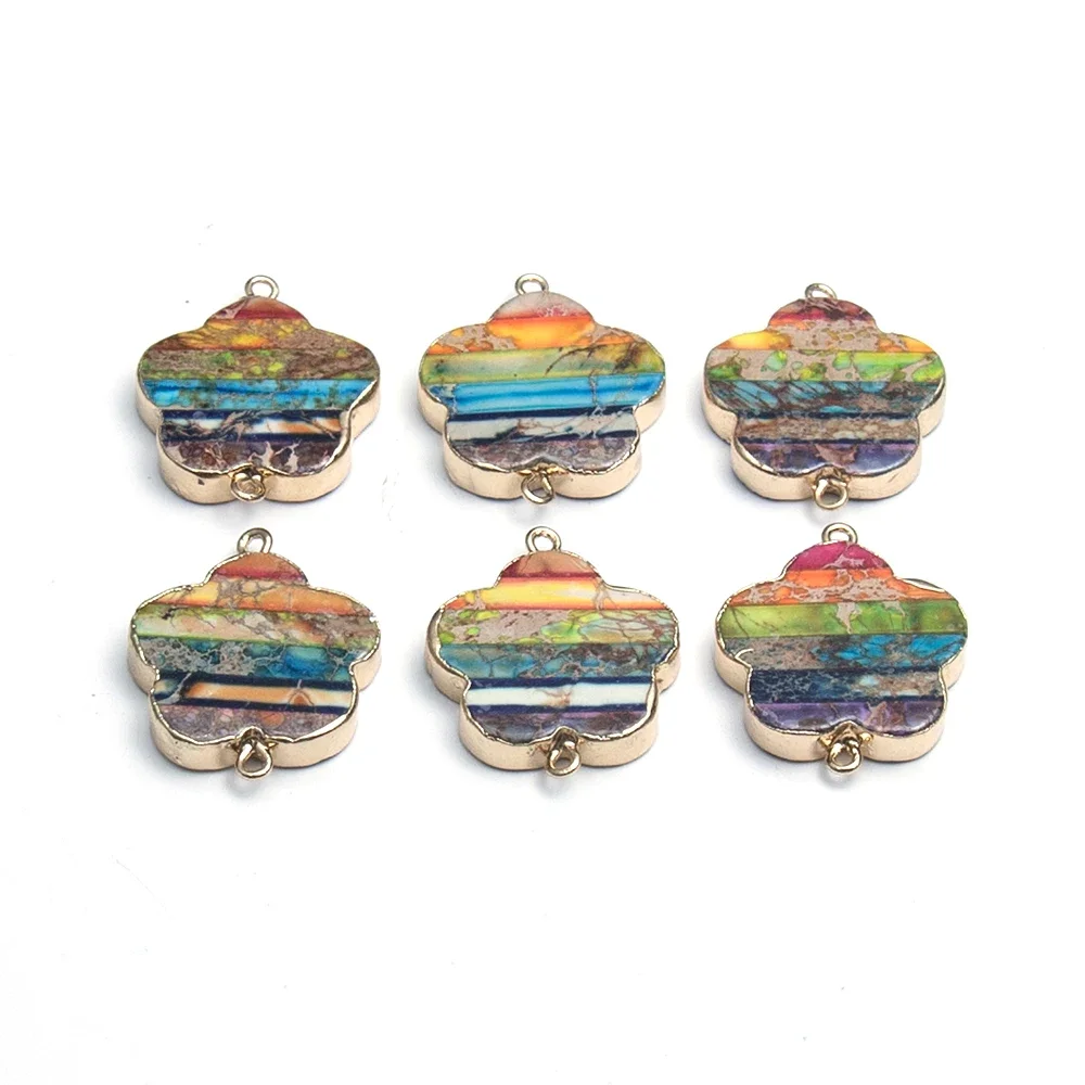 25x31mm 1PC Natural Stone Pendant Seven Colors Double Hole Connector Flower Shape Imperial Stone Jewelry Accessories DIY Making