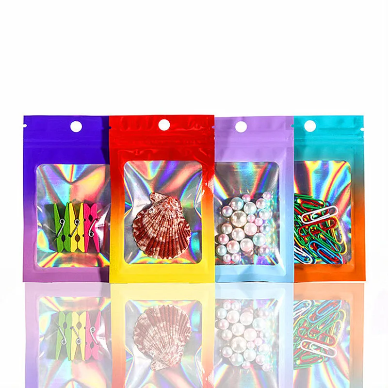 

100PCS Glossy Aluminum Foil Window Ziplock Packaging Bag Gradient Onaments Jewelry Phonecell Data Wire Hanging Stock Pouches