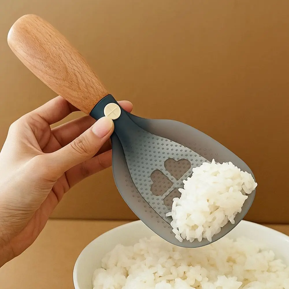 

Wooden Handle Silicone Rice Spoon Non-stick Household Heat-resistant Spoon with Convex Points Rice Cooker Spoon Kitchen Gadgets