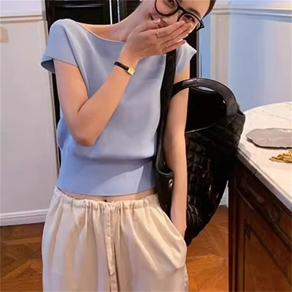 

Ice Silk Knitted Off Shoulder Short Sleeve T Shirt Women Elegant Ladies Pullover Summer Crop Tops Korean Holiday Casual Tee 2025