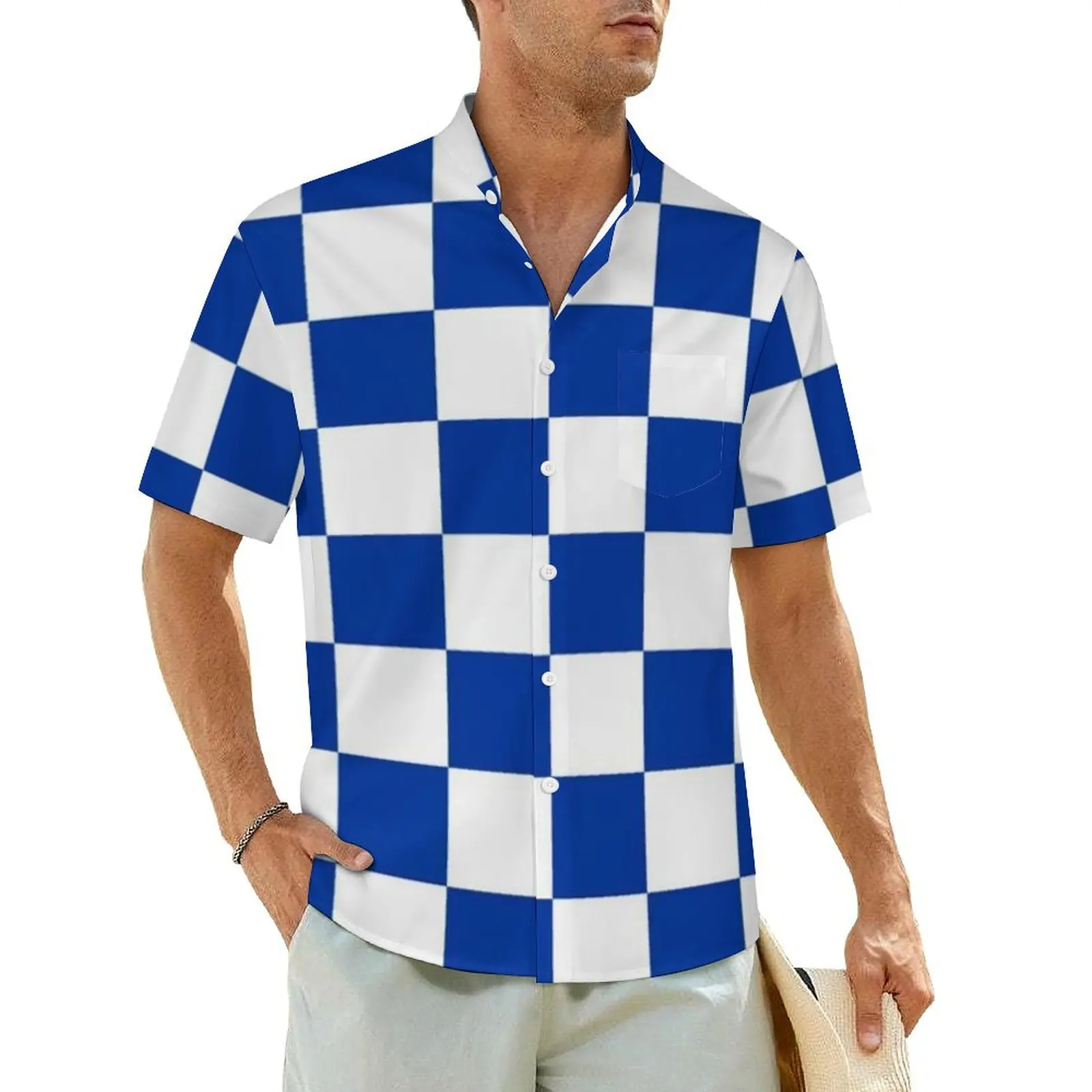 

Blue And White Checkerboard Casual Shirt Vintage Checker Print Novelty Hawaiian Shirts Men Short Sleeve Beach Harajuku Blouses