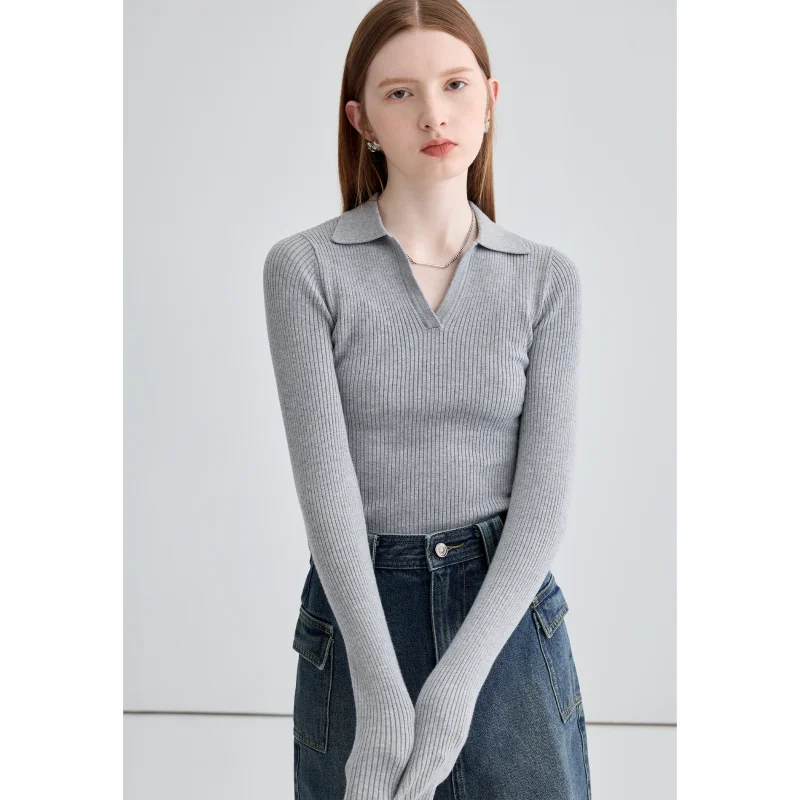 Women's Clothes Grey Sweater POLO Collar Korean Fashion Vintage Lazy Wind Winter Female Knitting Long Sleeves Pullover Tops