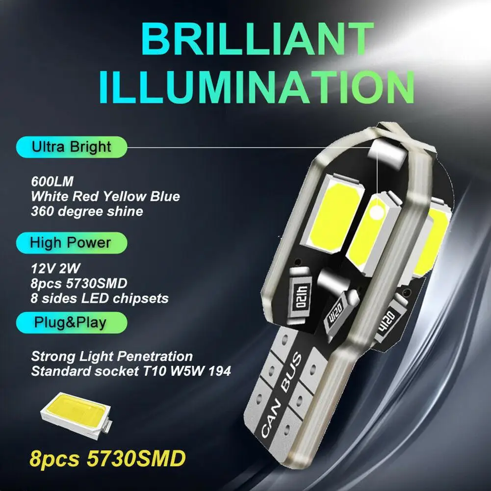 20-Pack LED Car Interior Bulbs W5W 8SMD 5730 T10 Extremely Bright Canbus Error Free 12V Side Marker Light Auto Bulbs