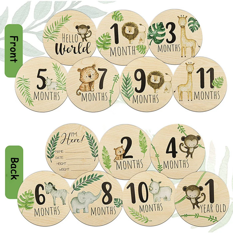 7pcs Wooden Baby Milestone Cards Jungle Animals Theme Photography Milestones Memorial Monthly Newborn Number Card Accessories