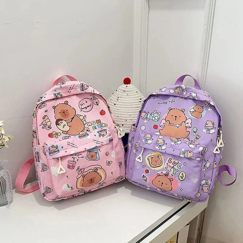 Kawaii Capybara Cartoon Backpack For Teen Girls Student School Bag Nylon Large Capacity Lightweight Rucksack Travel Daily Use