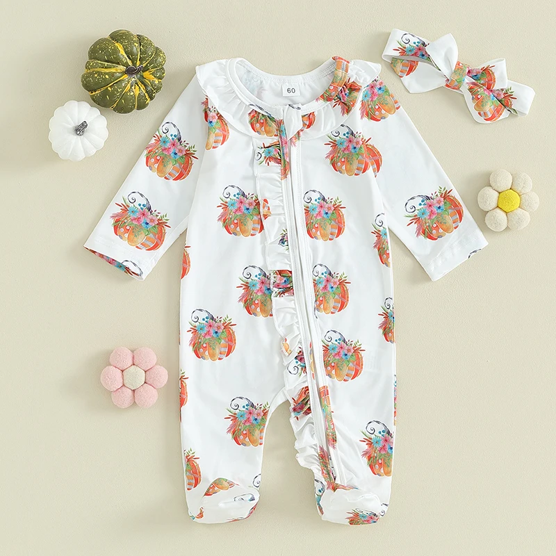 

Toddler Girl Autumn Set Adorable Long Sleeve Pumpkin Print Romper with Matching Headband and Socks Halloween Costume for Baby