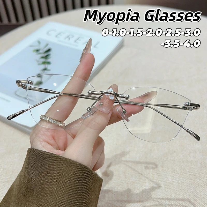 

Frameless Metal Anti-blue Light Myopia Glasses Luxury Designer Lenses Business Advanced Ultra Light Comfortable Eyewear 0To -4.0