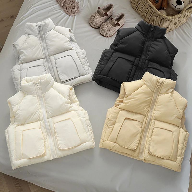 Autumn Winter New Girls Down Vest Solid Color Stand Collar Thick Keep Warm Jacket For 3-12 Years Teen Boys Heavy Waistcoat