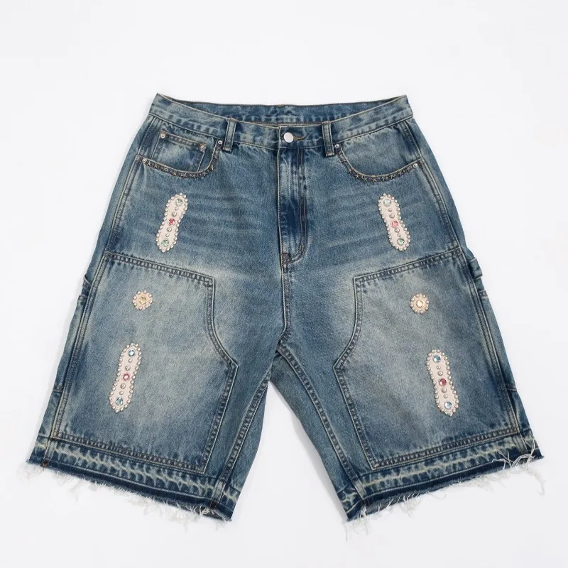 Y2k Vintage Fashion Studded Denim Shorts Women clothing High Street Hip Hop Baggy Jeans Fashion trend Street Style shorts