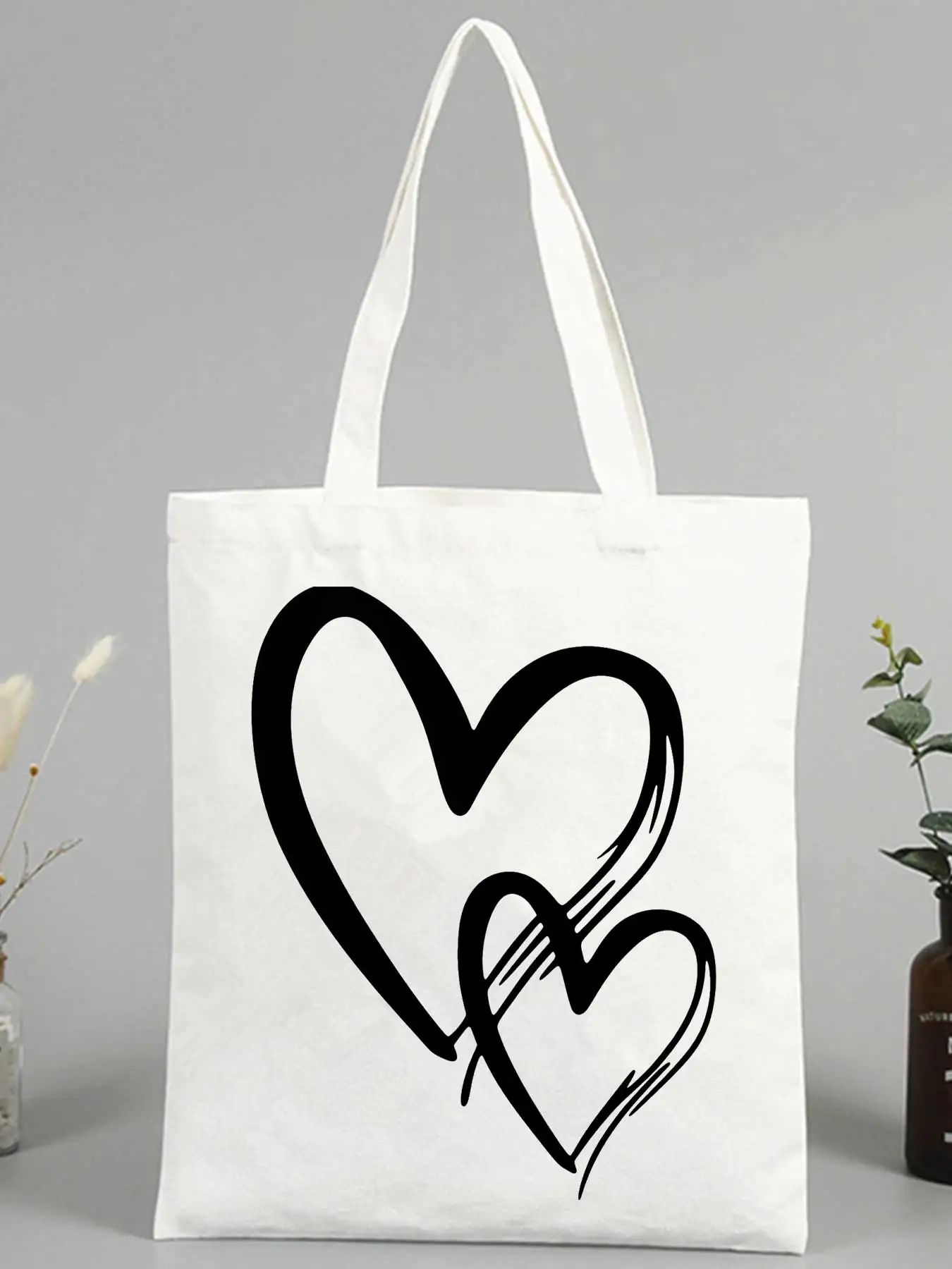 double heart print canvas tote bag, minimalist design for daily shopping and casual outings