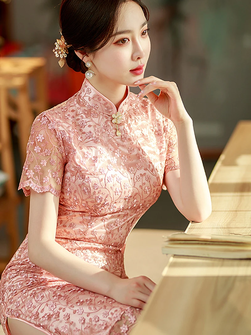 Yourqipao 2024 Summer Women's Pink Cheongsam Lace Embroidered Short-sleeve Chinese Qipao Dress