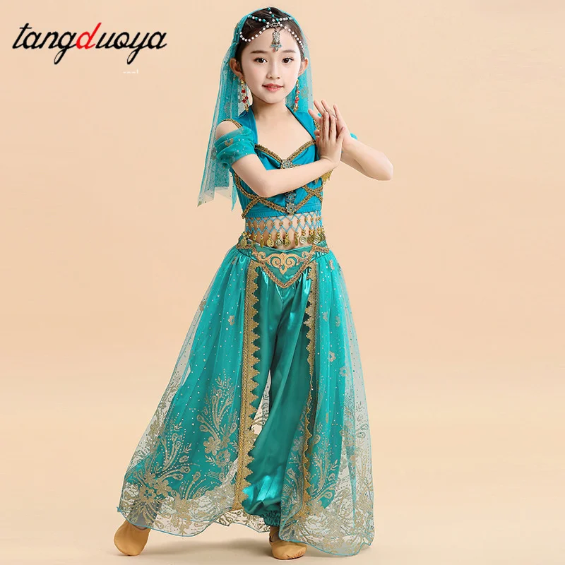 

Детский комплект для танца живота индийской принцессы, восточная индийская танцевальная одежда для девочек, детская сценическая праздничная одежда