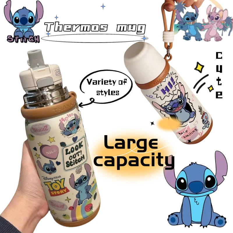 

new Stitch Angel Cute and Sweet Kawaii Simple Fashion Anime Peripherals Student Couple Portable Double Drink Straw Thermos Cup