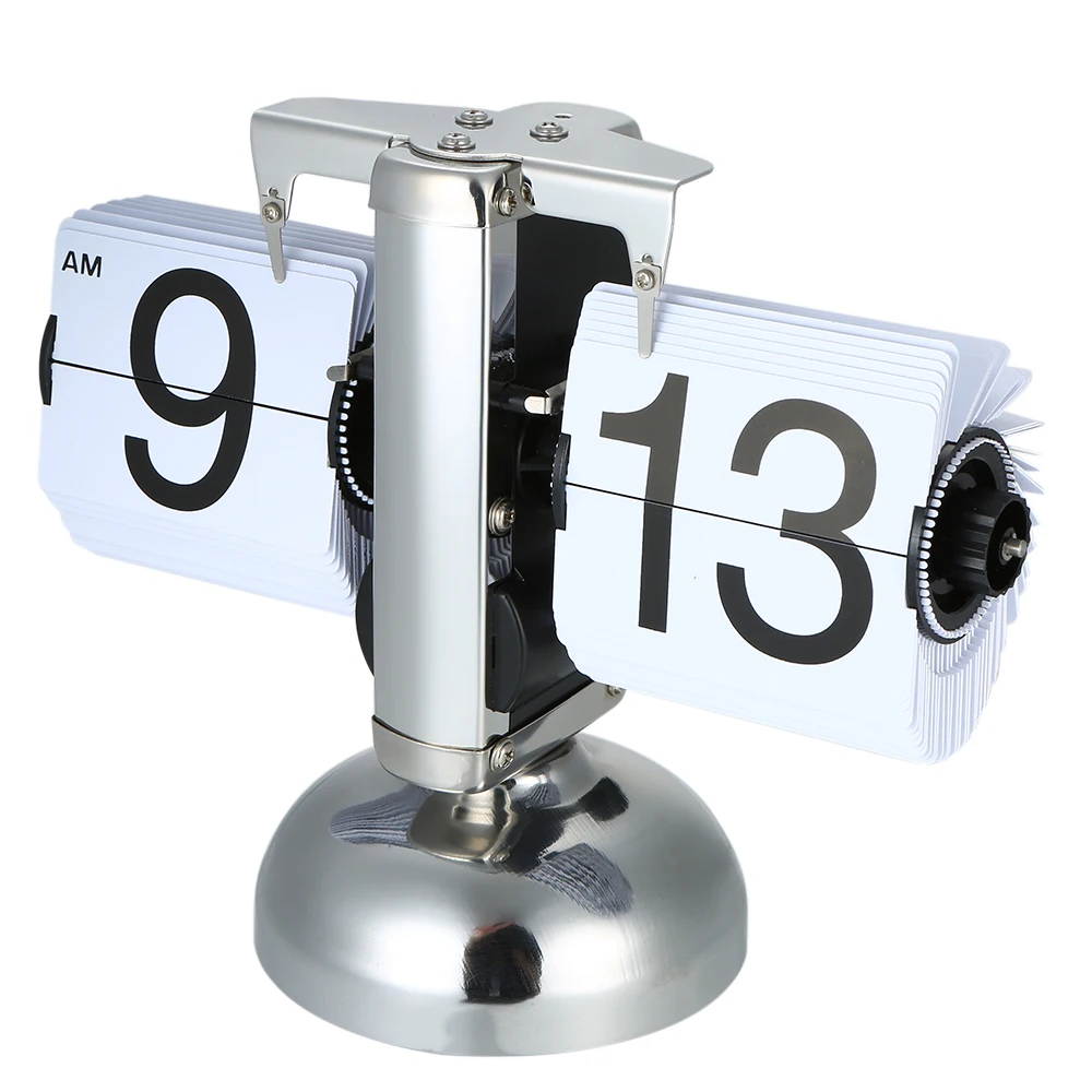 Retro Small Scale Table Clock Black/White Stainless Steel Flip Internal Gear Operated Quartz Clock for Home Decor