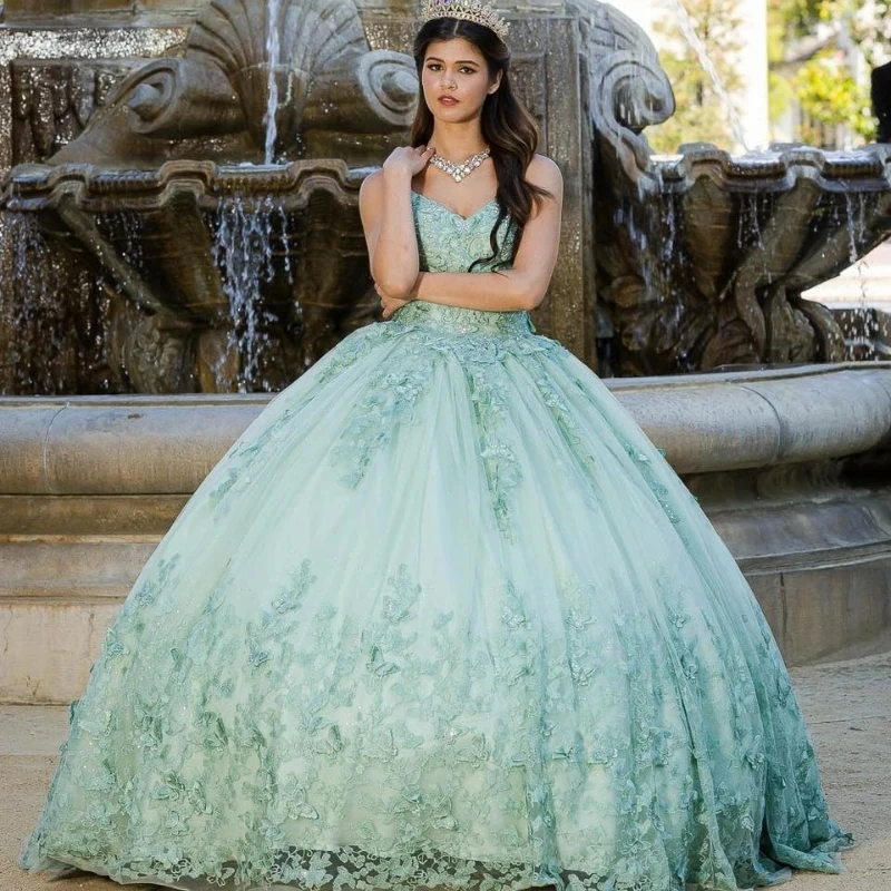 Vestido verde menta De princesa XV, 15 Años, quinceañera, con capa, apliques De mariposa, Beadig Sweet 16, vestidos De graduación