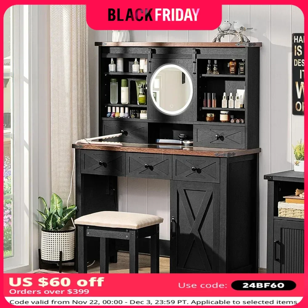 Vanity Makeup Set Sliding Mirror and Lights 42'' Vanity Makeup Charger Station Dressers 5 Drawers