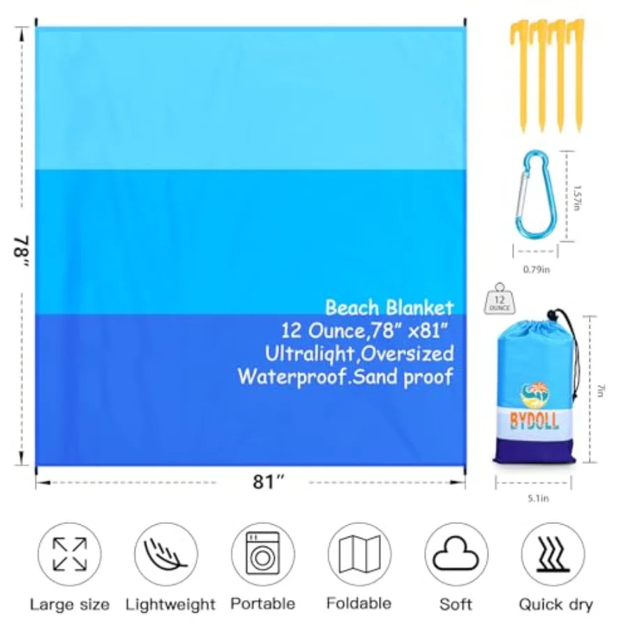 BYDOLL بطانية شاطئ مقاومة للماء ومضادة للرمل كبيرة 78 بوصة × 81 بوصة 10 × 9 بوصة خالية من الرمال سجادة للرحلات مقاومة للماء وقابلة للتعبئة