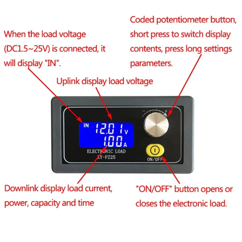 Adjust Constant Current Electronic Load DC1.5V-25V 4A 25W Battery Tester Discharge Capacity Meter TTL Communication FZ25-TCES
