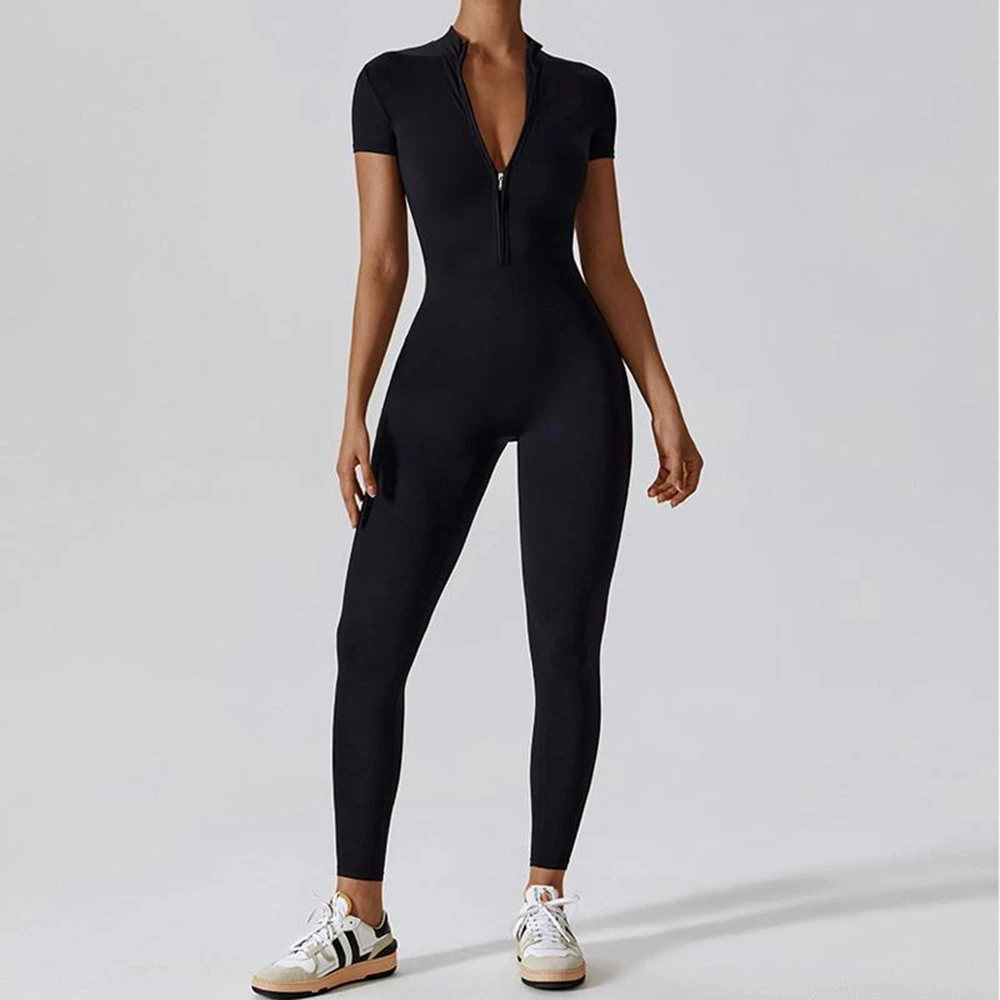 Combinaisons de Yoga à manches courtes pour femmes, coupe cintrée, extensible, une pièce, barboteuse Sexy, Fitness, fermeture éclair élastique, vêtements de sport, bleu ciel