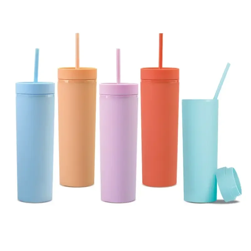 Mixed Color 16oz Double Wall Reusable Plastic Cup Round Plastic Water Bottles With Straw And Lids