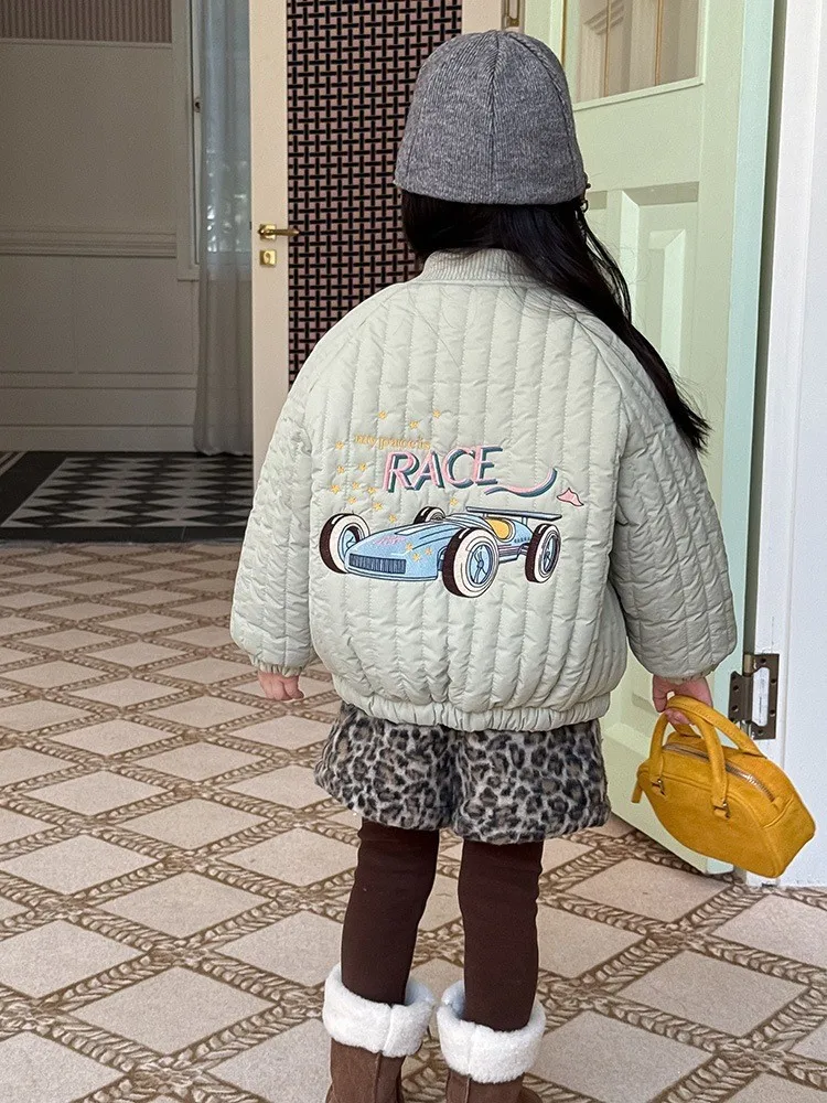 WT2751 Girls' Embroidered Cartoon Cotton Jacket Winter Thickened Fleece Lined Long Sleeve Inner Polyester Fill Coat for Kids
