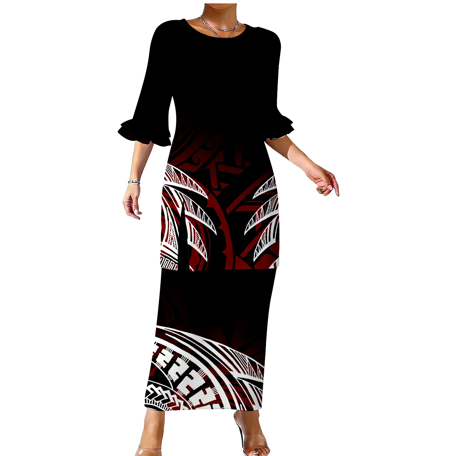 Puletasi Ladies' Maquette Dress Can Be Customized With Print Pattern Samoans Women'S Slim Double Lotus Sleeve Dinner Dress