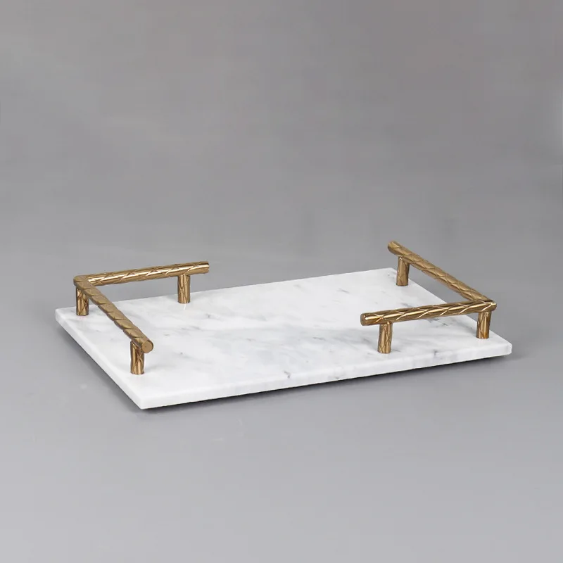 Natural Marble L-shaped Mesh Electroplated Copper Handle Stone Tray Sample Room Hotel Engineering Home Living Room Decoration