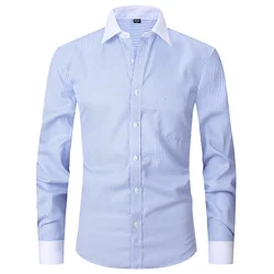 Camisas de vestir de manga larga con puños franceses de negocios para hombres, cuello en contraste, bolsillo tipo parche único, camisa de fiesta de boda Social de ajuste Regular