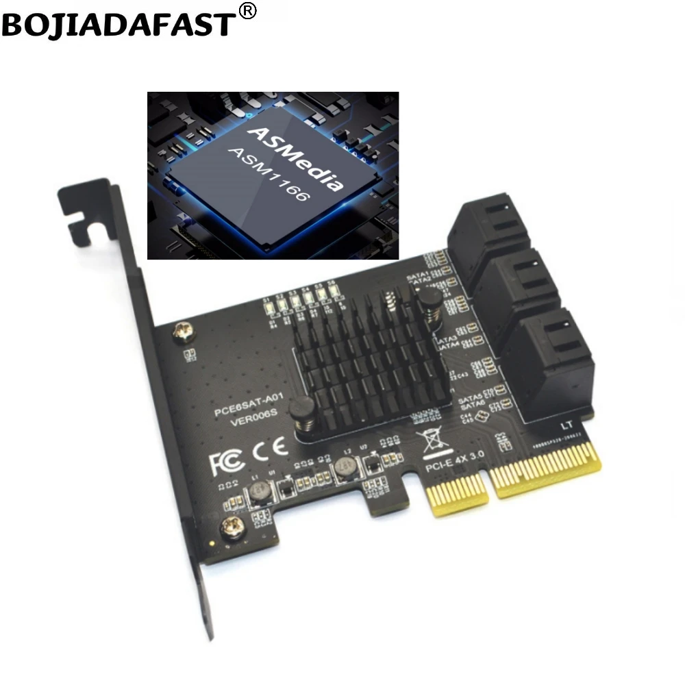 6 Ports SATA 3.0 7PIN Connector to PCI-E 3.0 4X PCIe X4 Expansion Riser Card 6Gbps ASM1166 For Hard Disk Drive HDD
