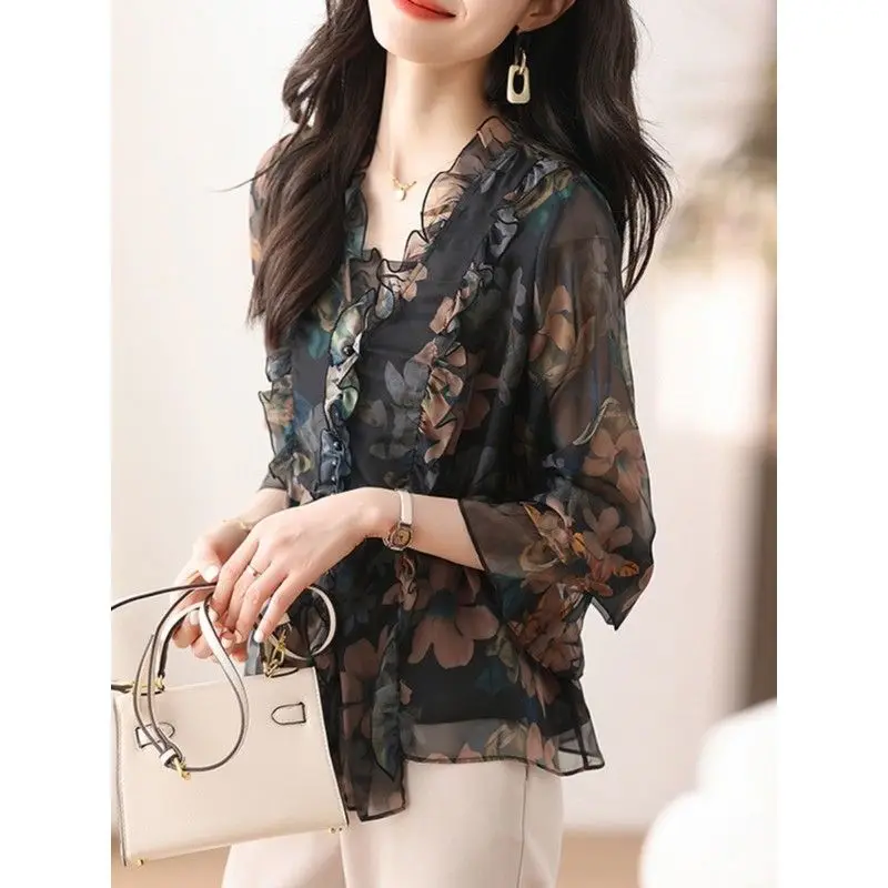 Floral Chiffon Blouse Women Clothing Fashion Ruffles V-neck Flare Sleeve Shirts Spring New Fashionable Patchwork Top Tee Femme