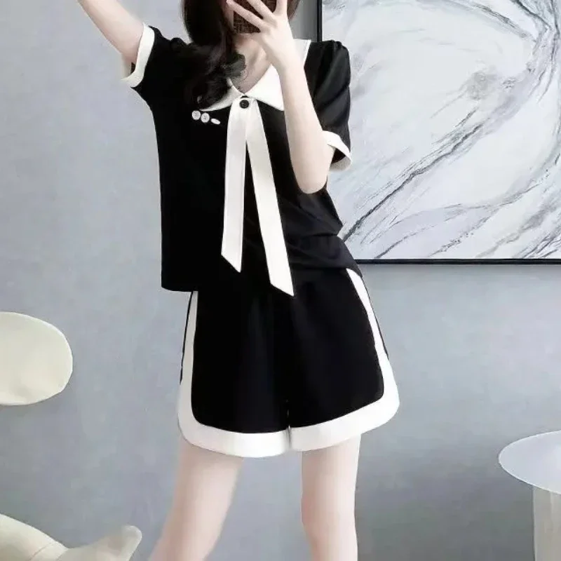 

Female Shorts Party Korean Style Cotton T Shirt Novelties Full New in Matching Chic and Elegant Kit Women's Short Sets 2 Pieces