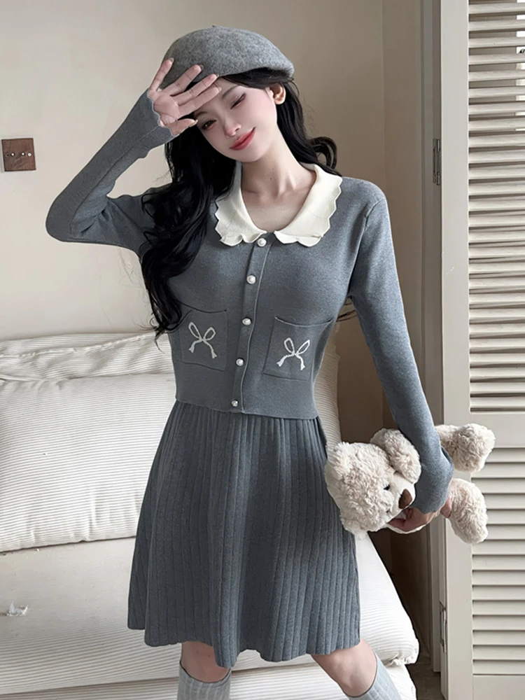 Женская одежда Sweet Kawaii Трикотажные комплекты из двух предметов Женские однобортные топы Свитер Пальто Куртка Короткая плиссированная юбка Комплекты