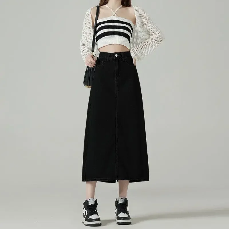 تنانير نسائية من قماش الدنيم بفتحة خلفية ميدي ملابس خروج فضفاضة عتيقة أنيقة على شكل حرف a نمط كوري غير رسمي للسيدات ربيع Faldas بسيط