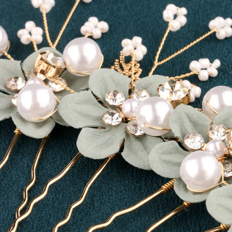 3-Pack Vintage Green Flower Hairpins with Pearls & Rhinestones – Elegant Wedding & Hanfu Hair Accessories image 5