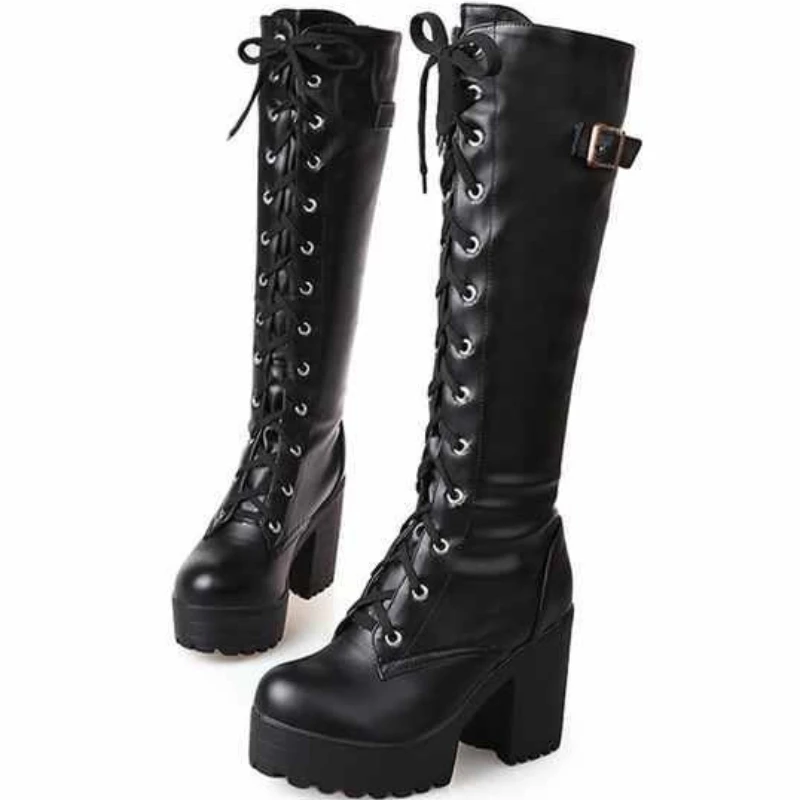 ゴシックプラットフォームハイブーツ女性のセクシーなバックル黒、白の冬のニーハイブーツ女性ブロックヒールパーティーシューズレディース