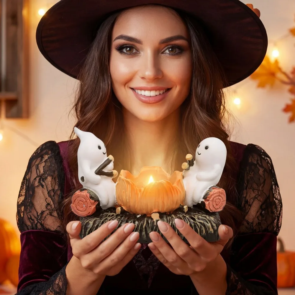 Cartoon Ghost Campfire Flickering Candle Holder Removable Firewood Pile Decorative Halloween Ghost Candlestick Resin