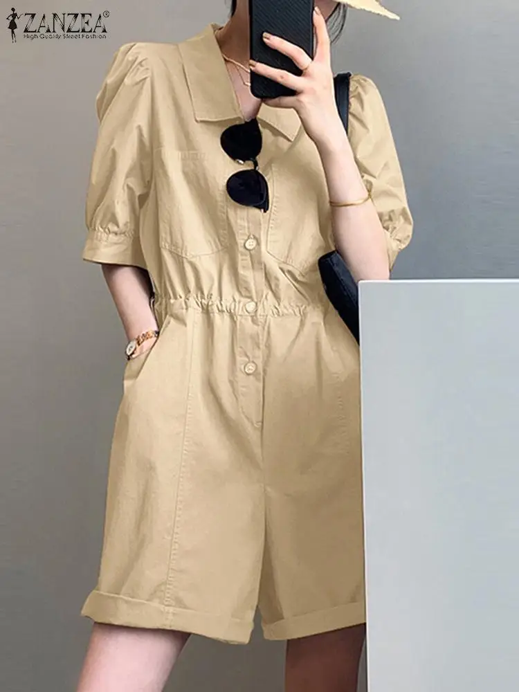 

ZANZEA Women Solid Jumpsuit Holiday 2023 Summer Rompers Fashion Short Sleeve Short Playsuit Casual Loose Lapel Pocket Overalls