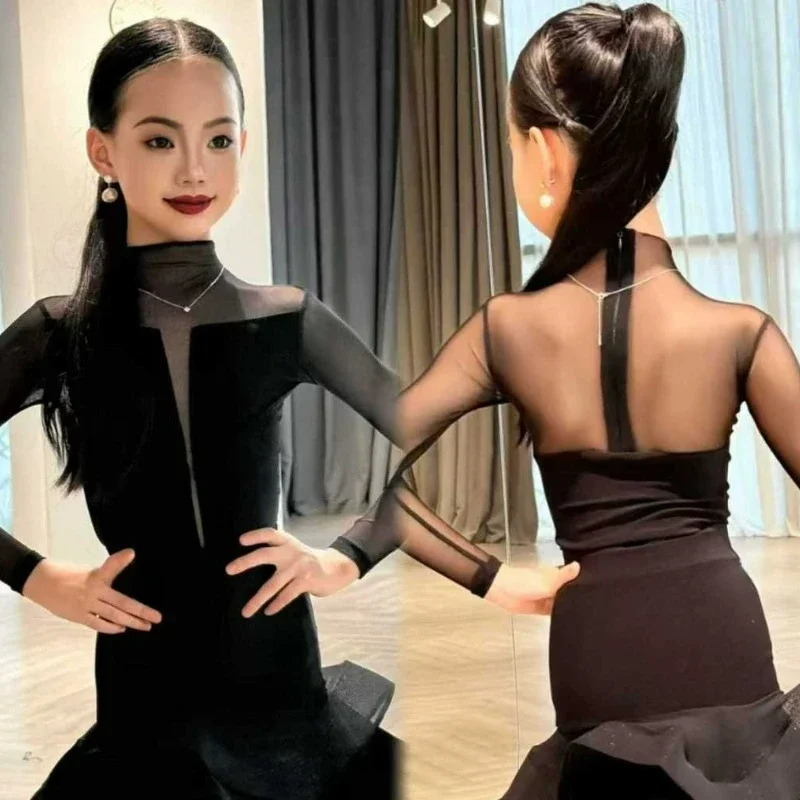 أسود اللاتينية الرقص فستان محكم من عند الصدر ويتدلى بشكل واسع للفتيات عالية الرقبة طويلة الأكمام شبكة 2 قطعة تنورة Chird تشا تشا رومبا أداء التدريب زي #6