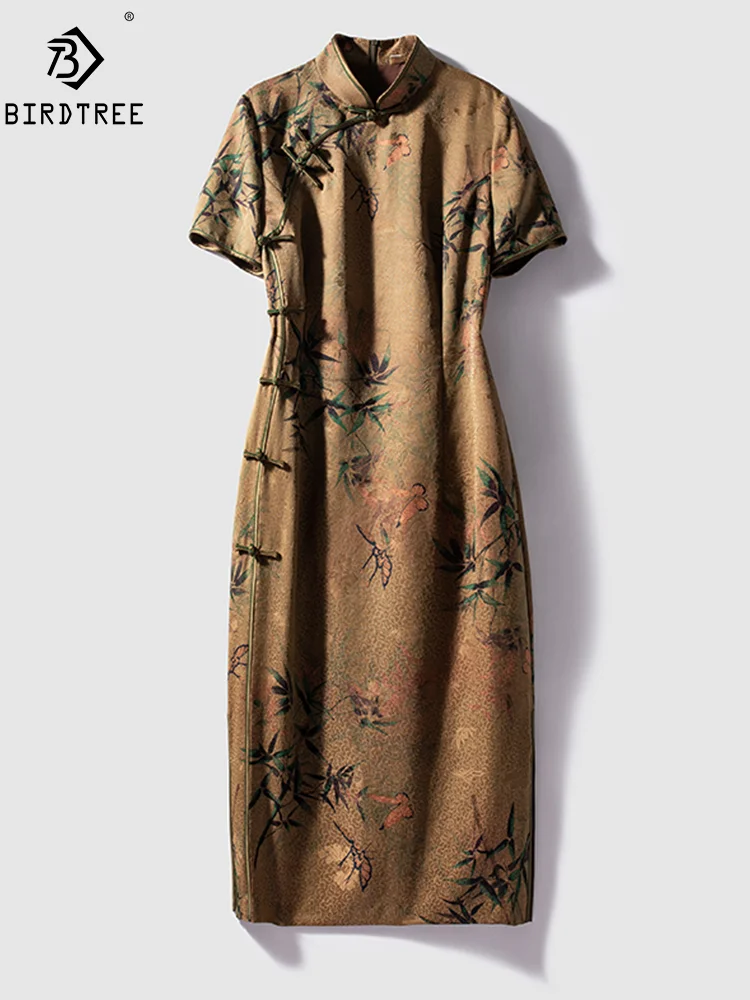 BirdTree, 6A Watered Gauze Silk Chinese Cheongsam, Women Short Sleeve Butterfly, Vintage Chic Dresses, Summer Autumn D48068QM