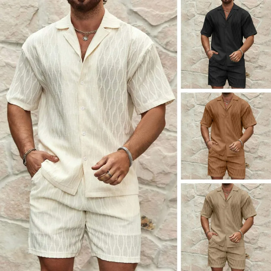 

2025 Men Tracksuits Summer Fashion Solid Loose Casual Two Pieces Lapel Button Shirt Shorts Beach Holiday All-match Outfits Male