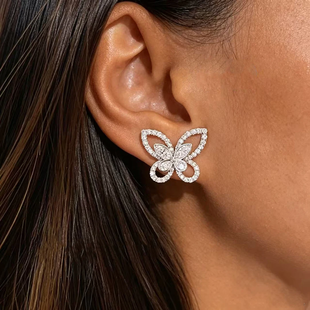 S925 Sterling Silver Full-Diamond Three-Dimensional Butterfly Women's Earrings CNC Plated 18K White Gold Butterfly Ear Nail