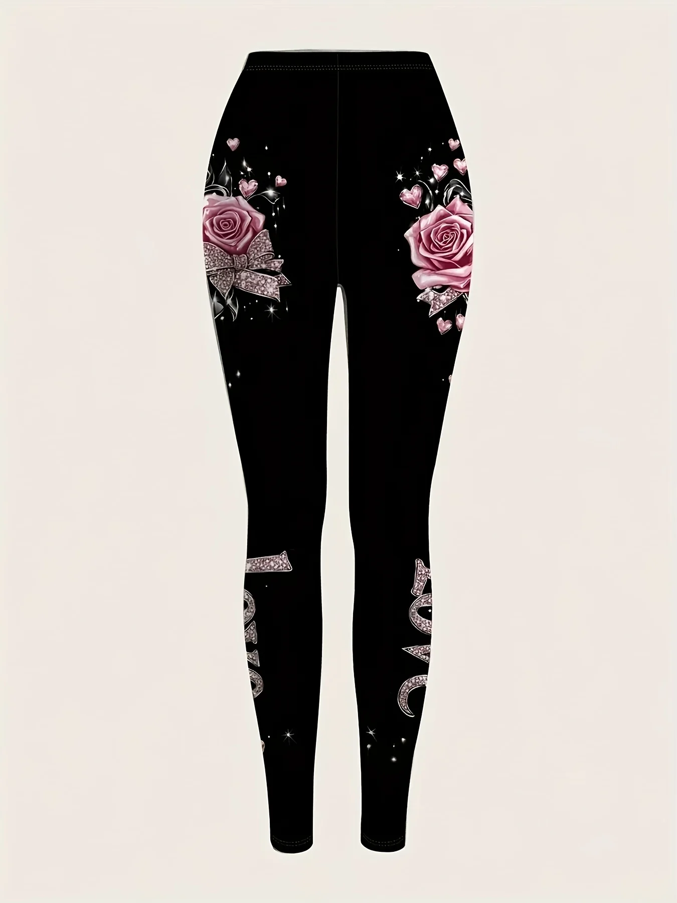 Women Fleece‑Lined Leggings Rose Flower Love Heart Print Mid‑Waist Winter Warm Bottoms