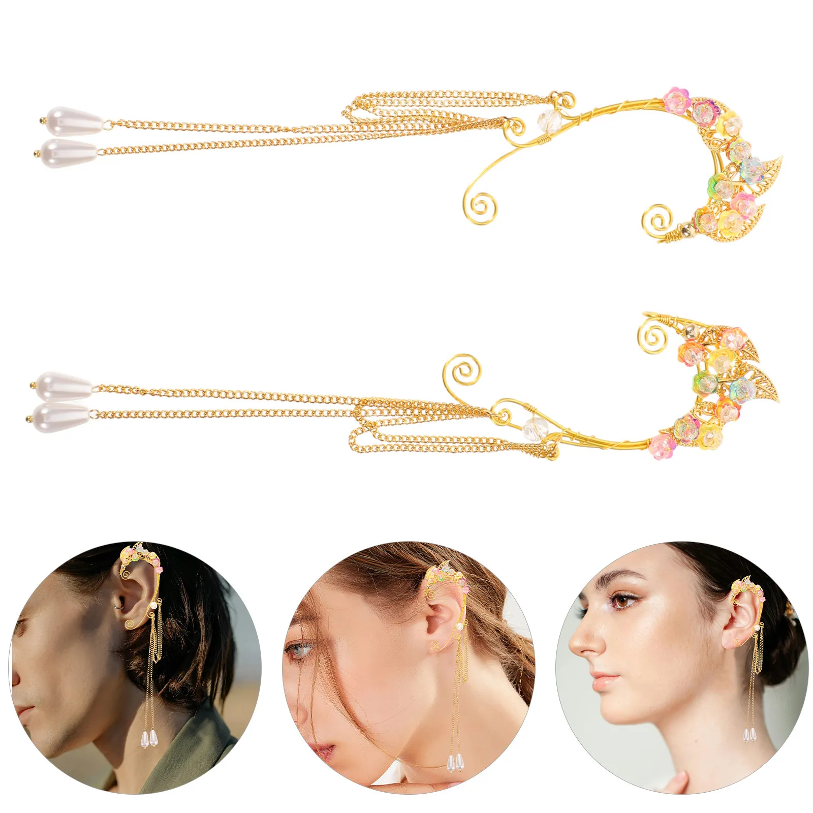 1Pair Ear Bone Clips Elf Style Fantasy Ear Wraps Non Pierced Comfortable Floral Pearl Fairy Cosplay Costume Accessories