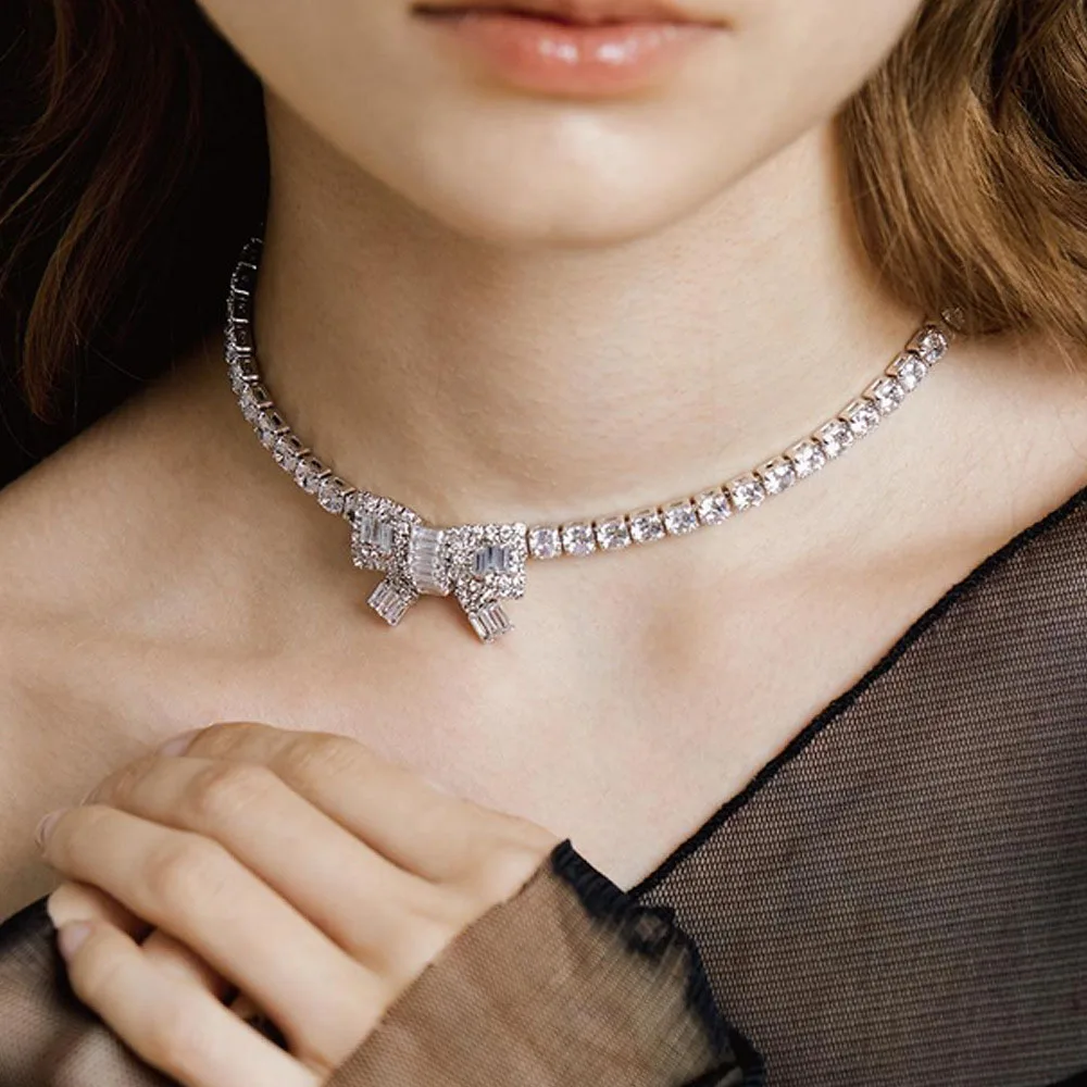 Sparkling Rhinestone Necklace Women Silver Luxury Valentine's Day Gift Bowknot Neck Chain Elegant Party Wedding Jewelry